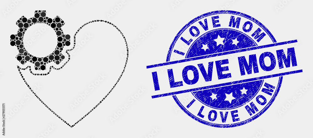 Pixel heart gear mosaic pictogram and I Love Mom seal stamp. Blue vector rounded textured seal with I Love Mom phrase. Vector combination in flat style.