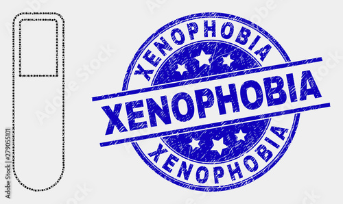 Dot test-tube mosaic pictogram and Xenophobia seal. Blue vector round scratched seal stamp with Xenophobia text. Vector collage in flat style. Black isolated test-tube mosaic of scattered circles,