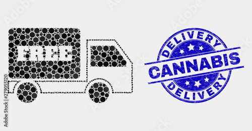 Pixelated free delivery mosaic pictogram and Delivery Cannabis seal stamp. Blue vector round grunge seal stamp with Delivery Cannabis text. Vector combination in flat style.