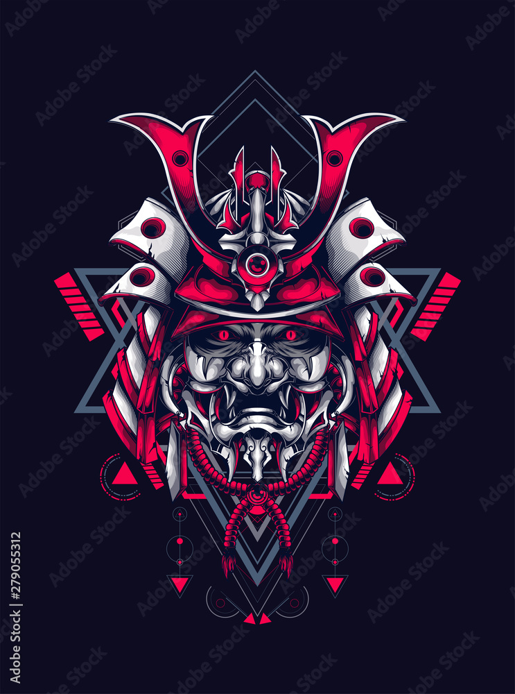samurai head with detail mask and sacred geometry pattern as the background samurai head with detail mask and sacred geometry pattern as the background