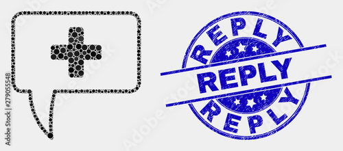 Pixelated medical message hint mosaic pictogram and Reply seal stamp. Blue vector rounded textured stamp with Reply caption. Vector collage in flat style.