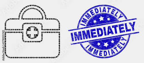 Dot medical handbag mosaic pictogram and Immediately seal stamp. Blue vector rounded distress seal stamp with Immediately caption. Vector composition in flat style.