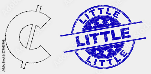 Dot cent mosaic pictogram and Little seal stamp. Blue vector round grunge seal stamp with Little title. Vector combination in flat style. Black isolated cent mosaic of randomized circles,