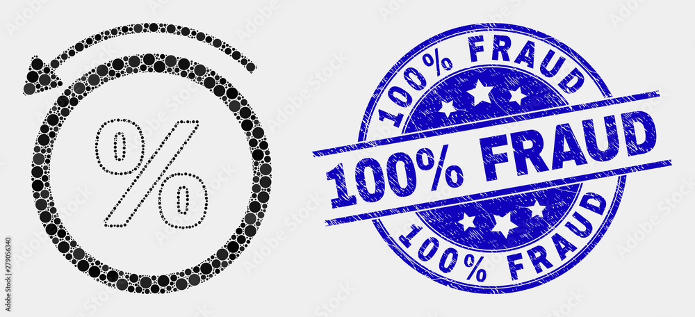 Dot percent back mosaic pictogram and 100% Fraud seal. Blue vector rounded scratched seal stamp with 100% Fraud message. Vector composition in flat style.