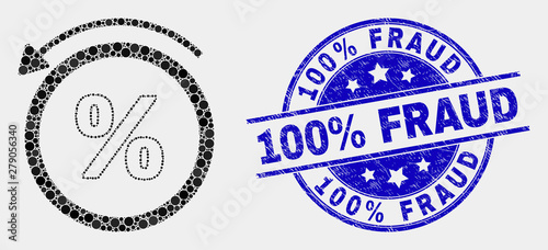 Dot percent back mosaic pictogram and 100% Fraud seal. Blue vector rounded scratched seal stamp with 100% Fraud message. Vector composition in flat style.