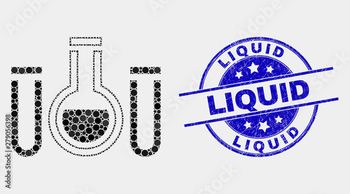 Pixel chemical tubes mosaic icon and Liquid stamp. Blue vector rounded distress seal stamp with Liquid title. Vector combination in flat style. Black isolated chemical tubes mosaic of random dots,