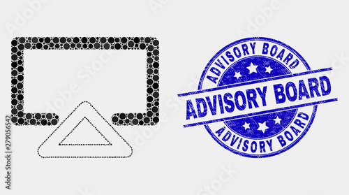 Pixelated display mosaic icon and Advisory Board seal stamp. Blue vector round grunge seal with Advisory Board phrase. Vector collage in flat style. Black isolated display illustration of random dots,