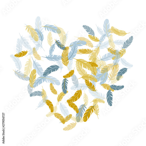 Fluffy twirled feathers on white design.