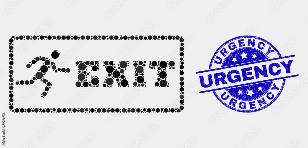 Obraz premium Pixel emergency exit mosaic pictogram and Urgency stamp. Blue vector round distress seal stamp with Urgency title. Vector composition in flat style.