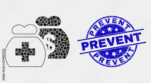 Dotted medical funds mosaic pictogram and Prevent seal stamp. Blue vector rounded textured seal stamp with Prevent message. Vector composition in flat style.