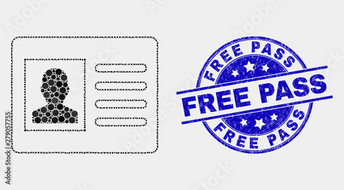 Pixelated user card mosaic icon and Free Pass seal stamp. Blue vector round scratched seal with Free Pass caption. Vector collage in flat style. Black isolated user card mosaic of scattered spheres,