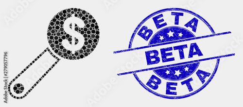 Dotted financial audit mosaic pictogram and Beta seal. Blue vector round textured seal with Beta text. Vector composition in flat style. Black isolated financial audit mosaic of randomized circles,