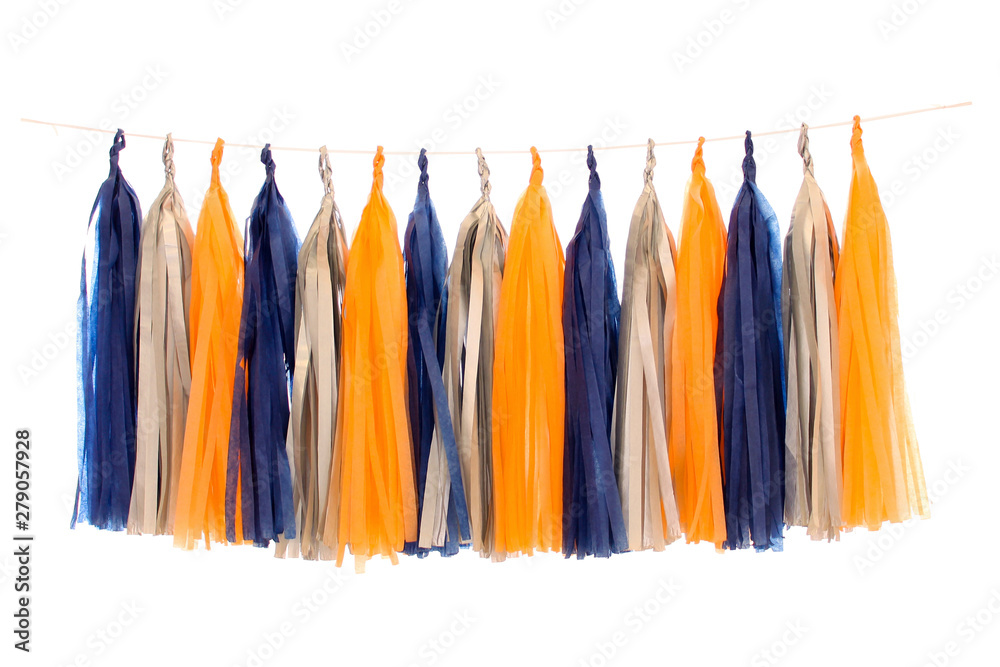 Garlands of paper tinsel navy, silver, orange colors