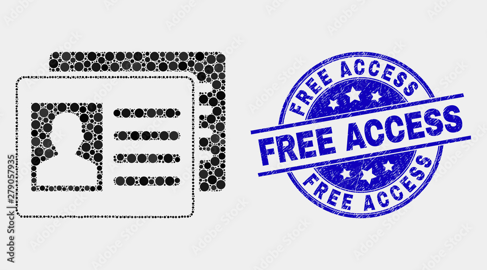 Obraz premium Dot user id cards mosaic pictogram and Free Access stamp. Blue vector round distress seal with Free Access title. Vector collage in flat style. Black isolated user id cards mosaic of randomized dots,
