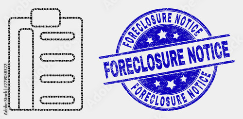 Dotted pad list items mosaic icon and Foreclosure Notice seal stamp. Blue vector rounded textured seal stamp with Foreclosure Notice title. Vector composition in flat style.