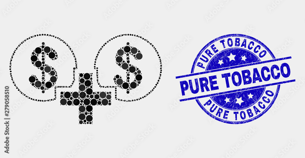 Obraz premium Pixel financial sum mosaic pictogram and Pure Tobacco seal stamp. Blue vector round distress seal stamp with Pure Tobacco caption. Vector collage in flat style.
