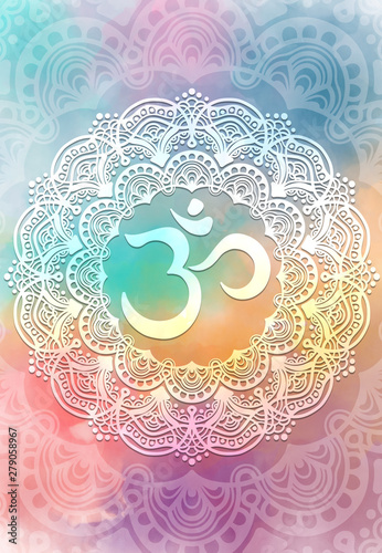 Abstract mandala graphic design and diwali om hinduism symbol with watercolor digital painting for decorative elements backgrounds