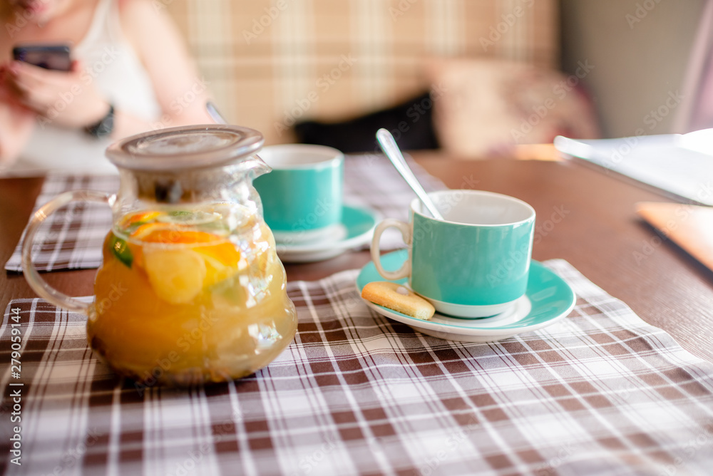  Set of Blue Coffee cups beverage, tea pot, drinks cappuccino. Horizontal several objects copyspace. destiny cookies