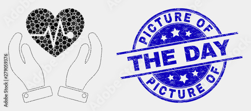 Dot heart surgery care hands mosaic pictogram and Picture of the Day seal stamp. Blue vector rounded textured seal stamp with Picture of the Day phrase. Vector composition in flat style.