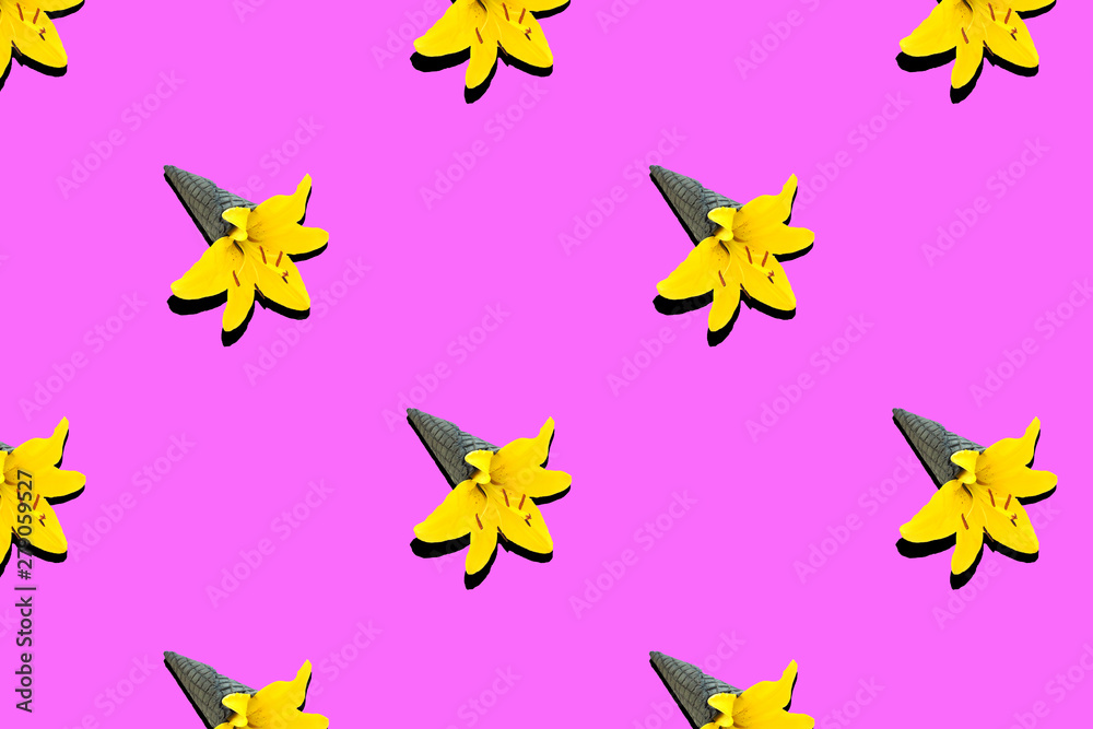Pattern black ice cream cone with yellow lily flower on a pink neon background..