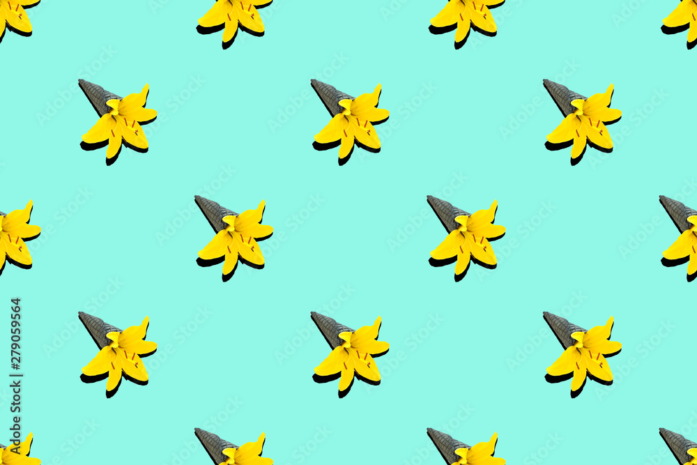 Pattern black ice cream cone with yellow lily flower on a blue background.. Pattern black ice cream cone with yellow lily flower on a blue background..