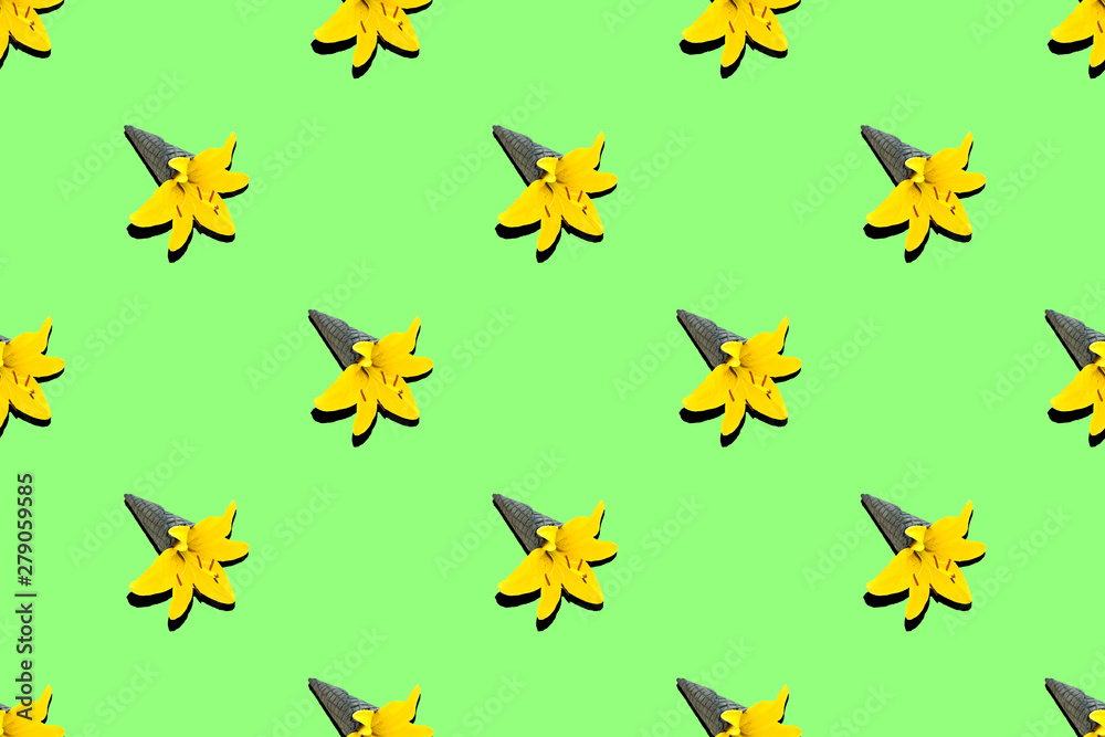 Pattern black ice cream cone with yellow lily flower on green neon background.. Pattern black ice cream cone with yellow lily flower on green neon background..