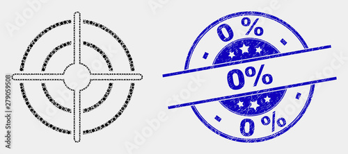Dot bullseye mosaic pictogram and 0% seal stamp. Blue vector round distress seal stamp with 0% phrase. Vector composition in flat style. Black isolated bullseye mosaic of random circles,