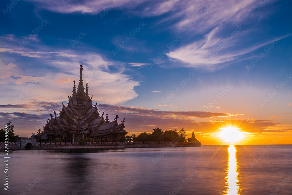 The Beautiful Landmark view of a sculpture of Sanctuary of Truth temple in Pattaya , Chonburi, Thailand.