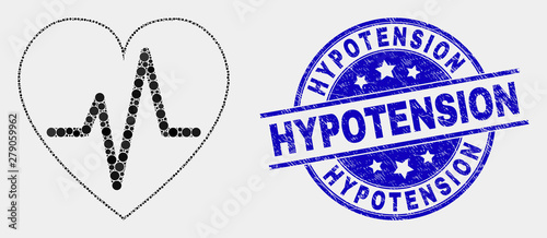 Dotted heart pulse mosaic icon and Hypotension stamp. Blue vector round textured seal stamp with Hypotension caption. Vector composition in flat style.