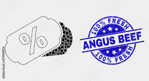 Dotted percent tags mosaic icon and 100% Fresh Angus Beef seal. Blue vector round scratched seal stamp with 100% Fresh Angus Beef title. Vector composition in flat style.