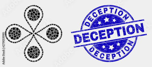 Dotted map markers mosaic pictogram and Deception stamp. Blue vector rounded scratched seal stamp with Deception message. Vector combination in flat style.