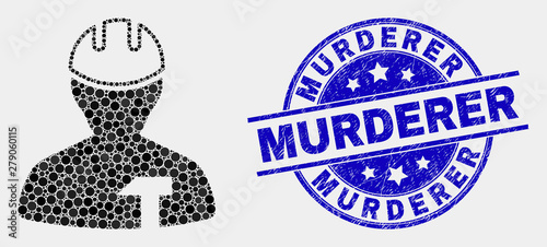 Dot repairman mosaic icon and Murderer seal stamp. Blue vector rounded scratched stamp with Murderer text. Vector combination in flat style. Black isolated repairman mosaic of randomized circles,