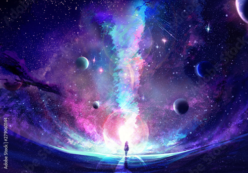 Abstract Unique Young Woman Standing In the Middle Of A Galaxy Crack photo