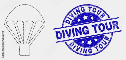 Dotted parachute mosaic icon and Diving Tour seal stamp. Blue vector round distress seal stamp with Diving Tour text. Vector combination in flat style.