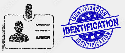 Pixel user id badge mosaic pictogram and Identification stamp. Blue vector rounded textured seal stamp with Identification title. Vector composition in flat style.