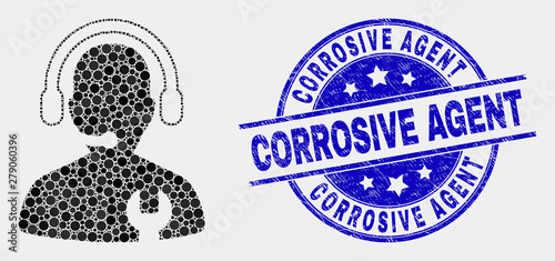 Pixel call center serviceman mosaic icon and Corrosive Agent seal. Blue vector round scratched seal stamp with Corrosive Agent phrase. Vector collage in flat style.
