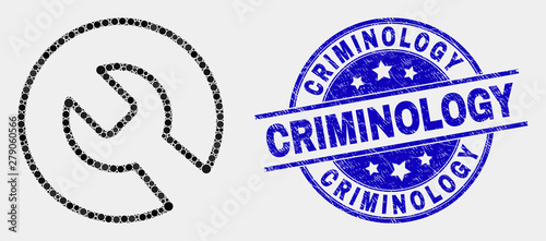 Pixel repair wrench mosaic icon and Criminology seal stamp. Blue vector rounded grunge seal stamp with Criminology text. Vector composition in flat style.