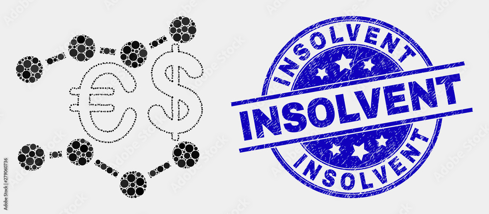 Dot financial trends mosaic pictogram and Insolvent seal stamp. Blue vector round textured stamp with Insolvent text. Vector composition in flat style.