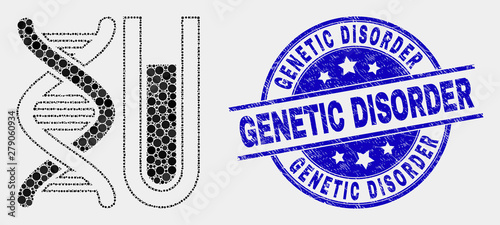 Pixelated DNA testtube mosaic icon and Genetic Disorder seal stamp. Blue vector round textured seal stamp with Genetic Disorder title. Vector composition in flat style.