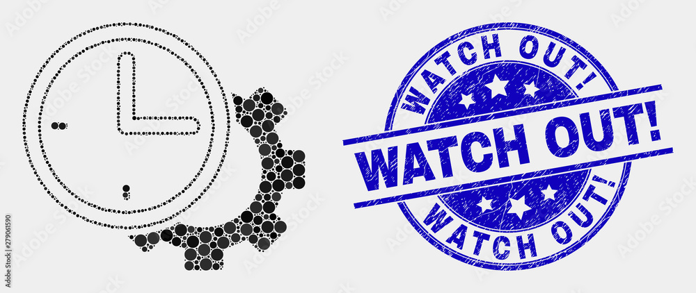 Dot time settings gear mosaic pictogram and Watch Out! seal. Blue vector round grunge stamp with Watch Out! caption. Vector combination in flat style.