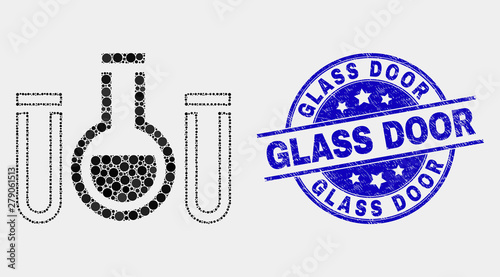 Pixel chemical tubes mosaic pictogram and Glass Door watermark. Blue vector round grunge seal stamp with Glass Door title. Vector collage in flat style.