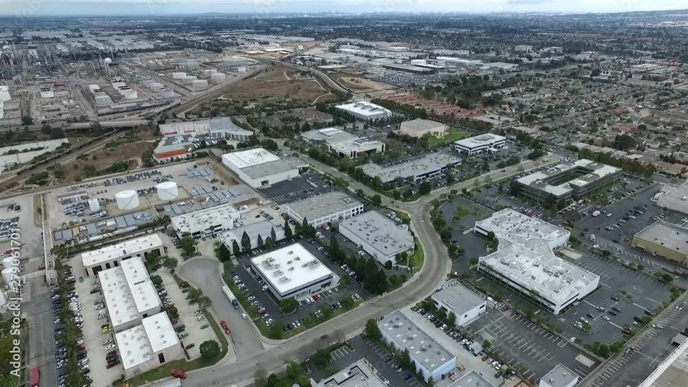 Aerial drone slowly flying over industrial buildings in Torrance, California Aerial drone slowly flying over industrial buildings in Torrance, California