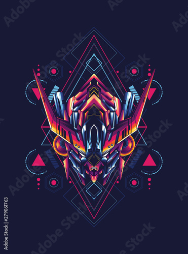 Mecha head logo illustration with sacred geometry pattern as the background for any apparel stuff or digital printing 