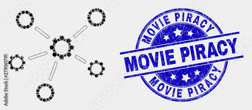 Pixelated gear links mosaic pictogram and Movie Piracy seal stamp. Blue vector rounded textured seal stamp with Movie Piracy phrase. Vector collage in flat style.