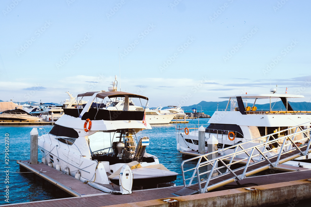 Luxury yachts docked in marina.