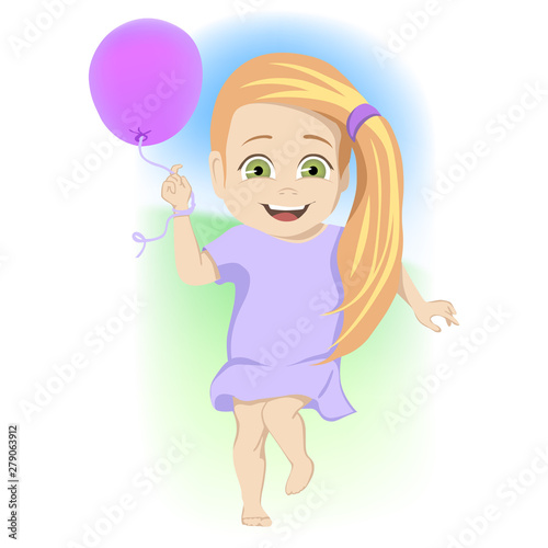 Cute little green-eyed blond girl dancing with a party balloon laughing and enjoying herself outdoors in a colorful cartoon vector illustration