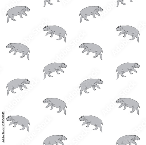 Vector seamless pattern of gray hand drawn sketch hippopotamus hippo isolated on white background