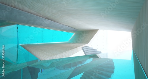 Abstract architectural wood and glass interior of a minimalist house. 3D illustration and rendering.