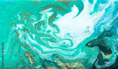 Blue, green and gold marbling pattern. Golden powder marble liquid texture. © anya babii