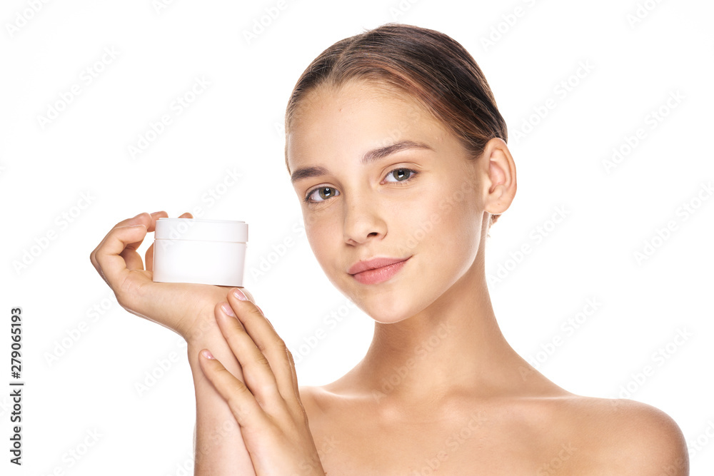 Beautiful woman naked shoulders cosmetics